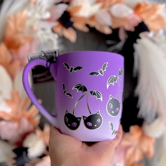 ✨NEW👻Cobwebs and Cauldrons Purple Soft Touch Cherry Bats Halloween Mug💜 - Picture 1 of 7